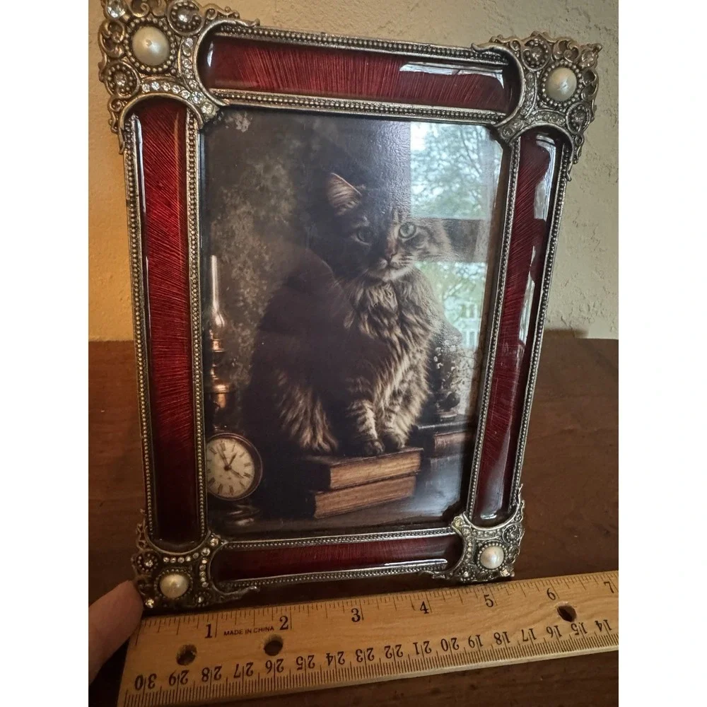 Vintage Bombay Company Red Enamel Rhinestone Pearl Ornate Picture Frame 4x6